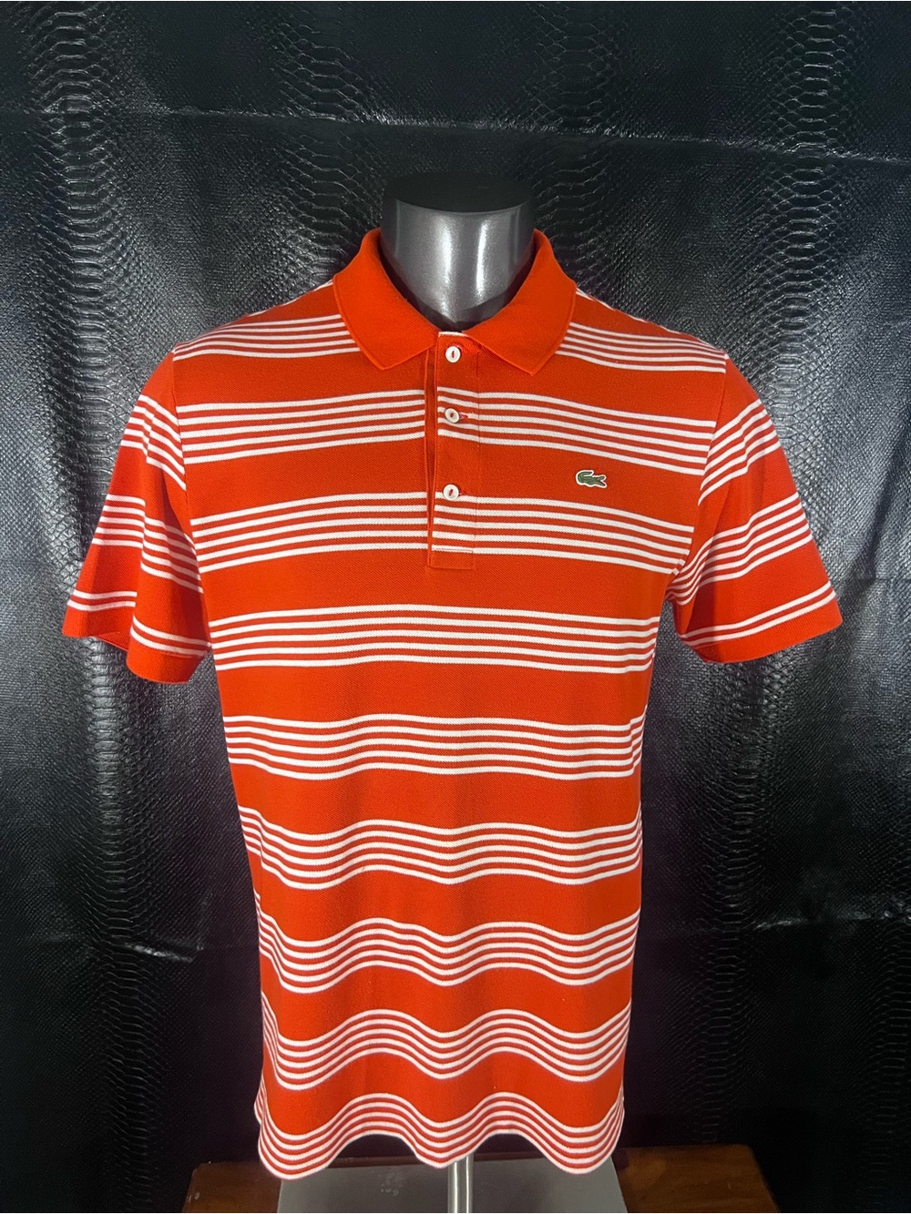 Lacoste Men’s Medium Polo Shirt Orange White Stripe Piqué Cotton Croc Logo